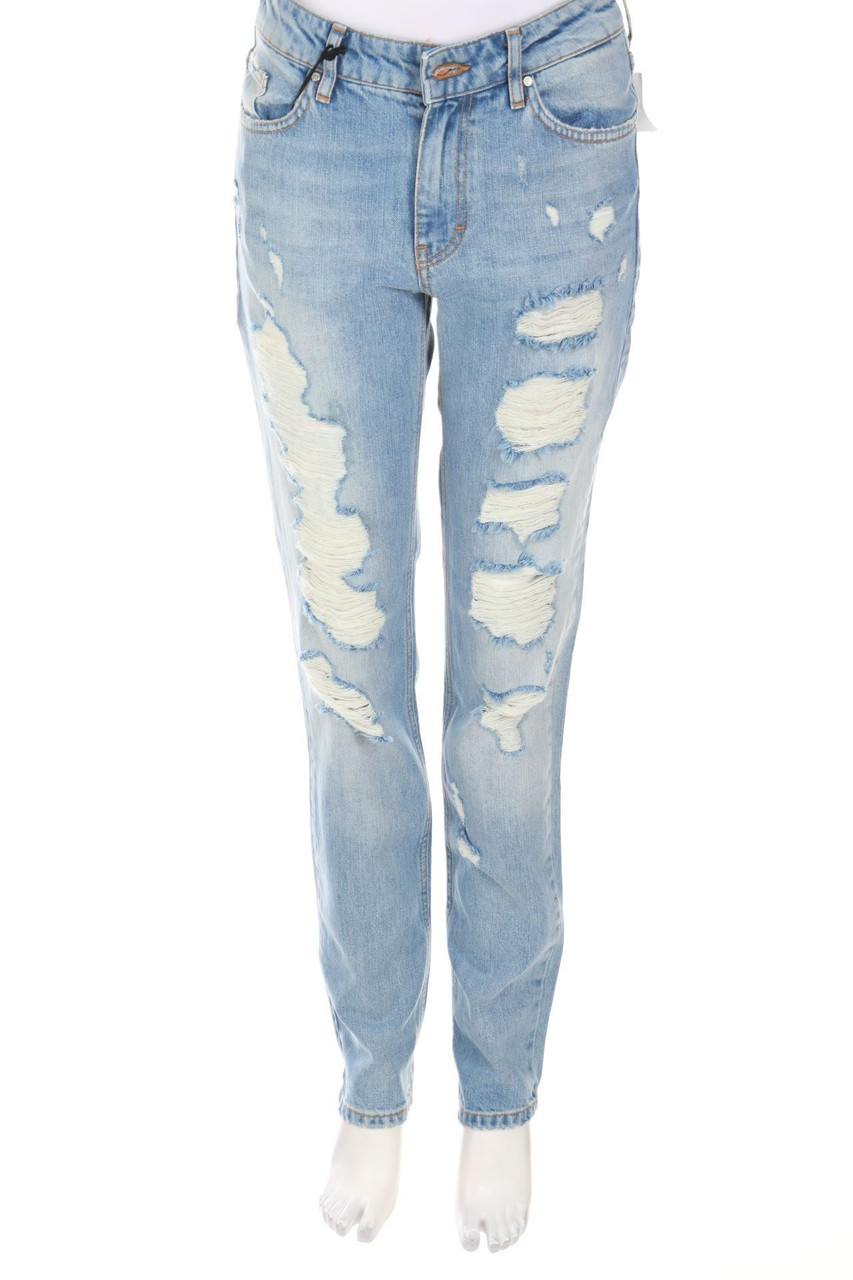 Never Denim - Distressed Boyfriend-Jeans mit Logo-Patch - XS