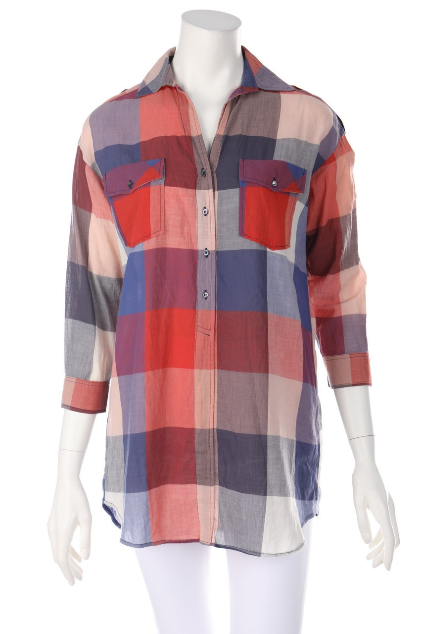 sandro - Hemd-Bluse mit 3/4-Ärmel aus Baumwoll-Mix mit Karo-Muster - D 36