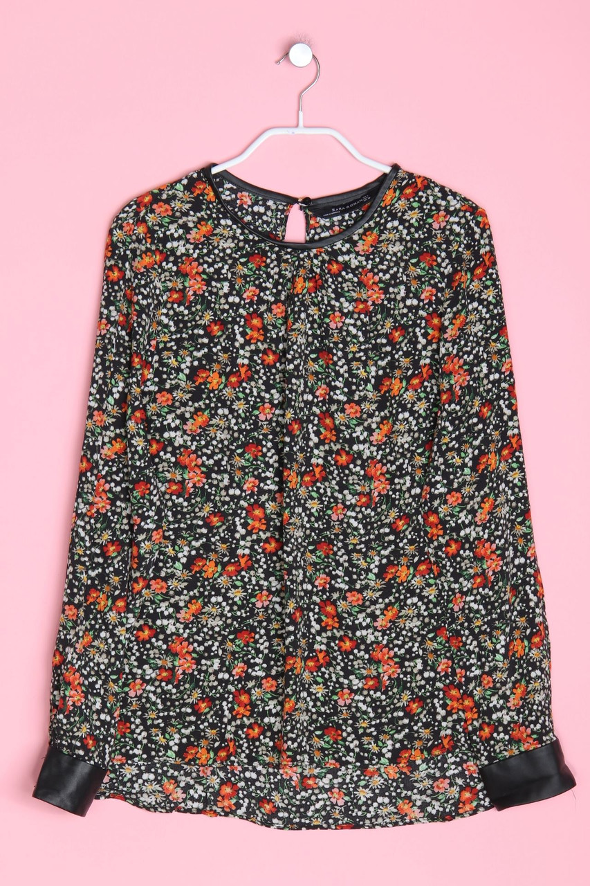 ZARA WOMAN - Bluse mit Blumen-Print mit Kunstleder-Details - L