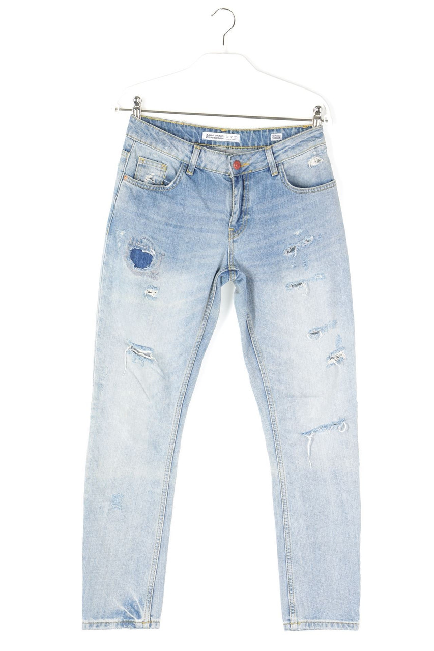 ZARA - Straight Cut Destroyed Jeans with Logo Patch - D 32