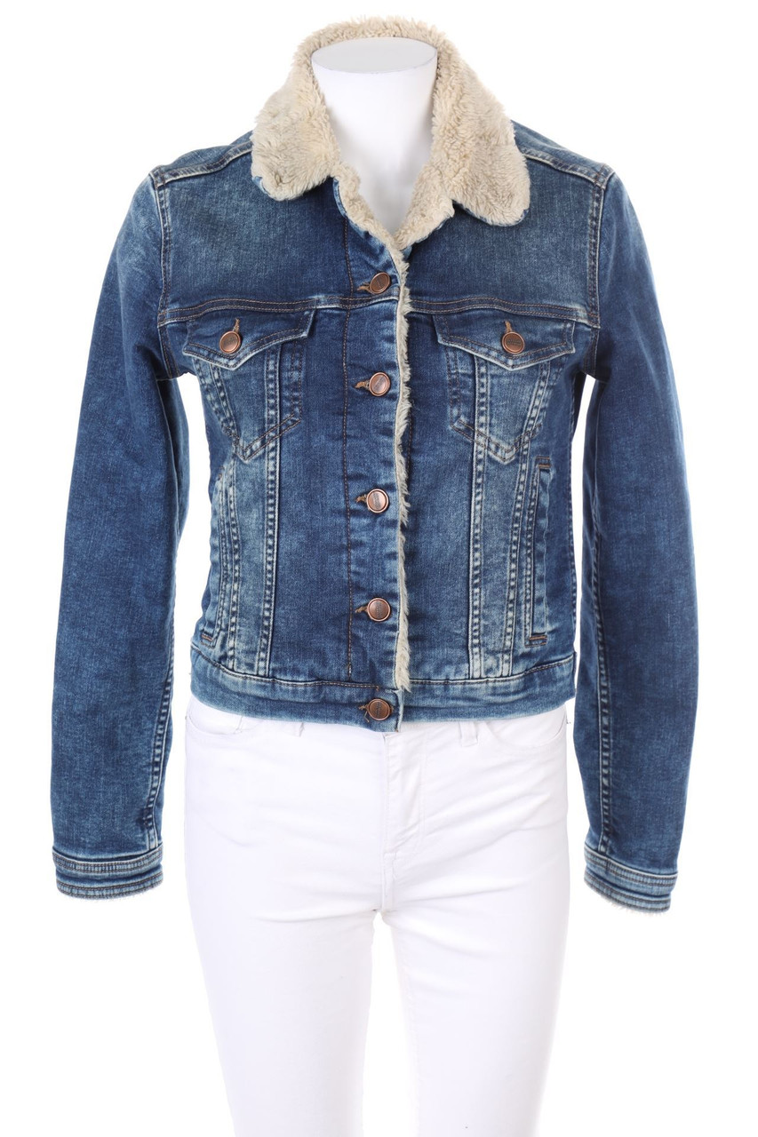 ZARA - Jeans-Jacke im Used Look mit Faux Fur-Kragen - M