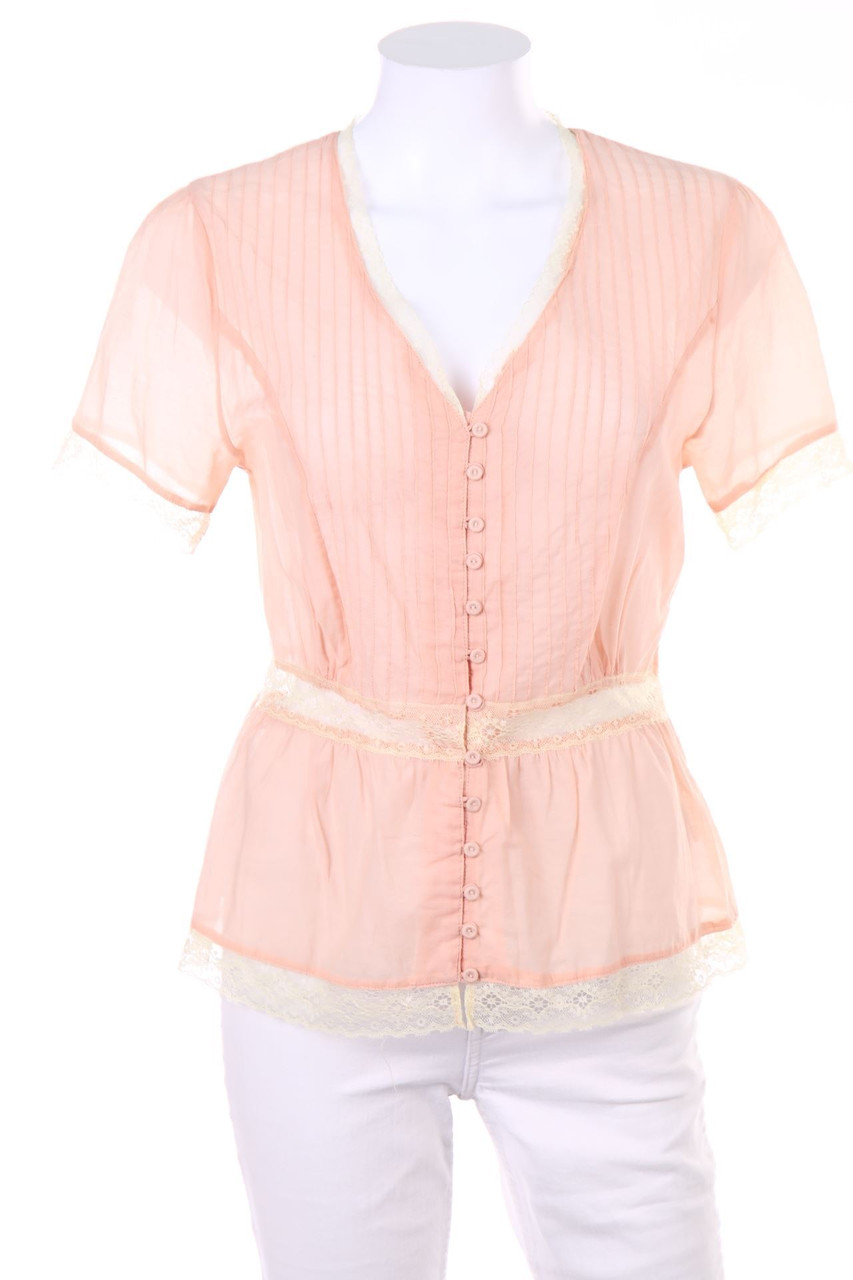 Lyla Lyla - Kurzarm-Bluse mit Spitzen-Einsatz - M