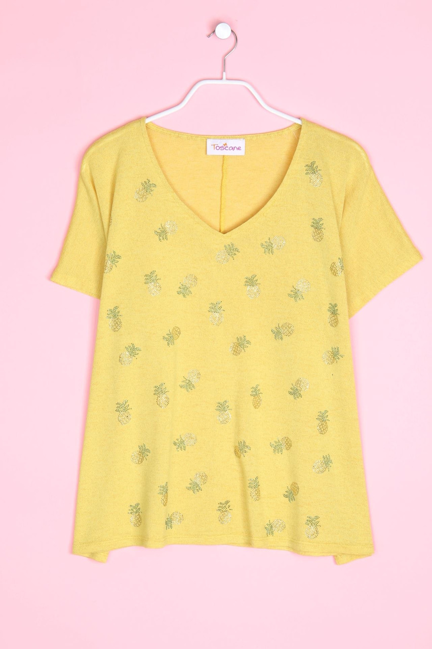 Toscane - Kurzarm-Strick-Pullover mit Strass-Steinen - L