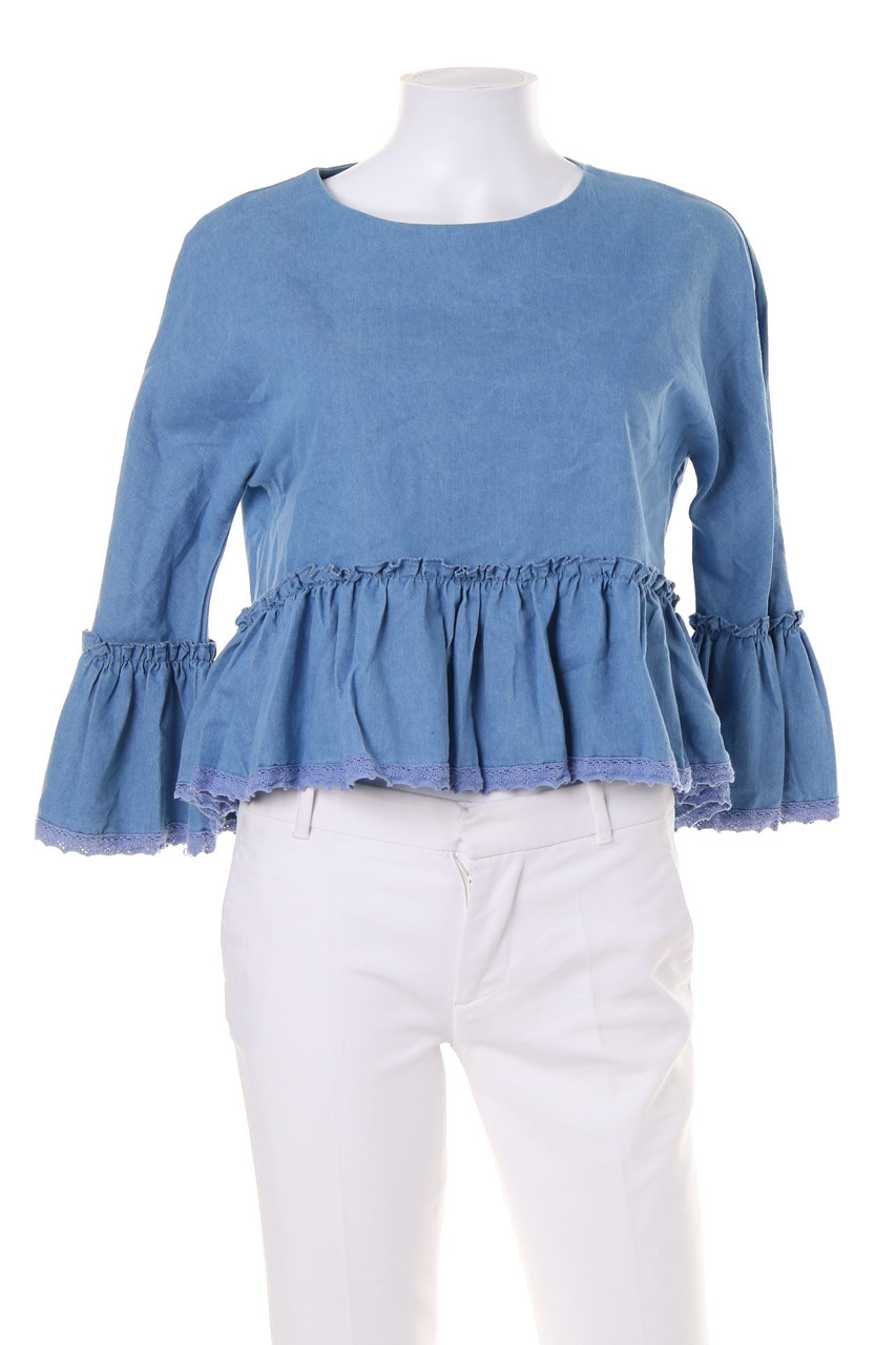 No Label - Denim Blouse with Ruffles - L