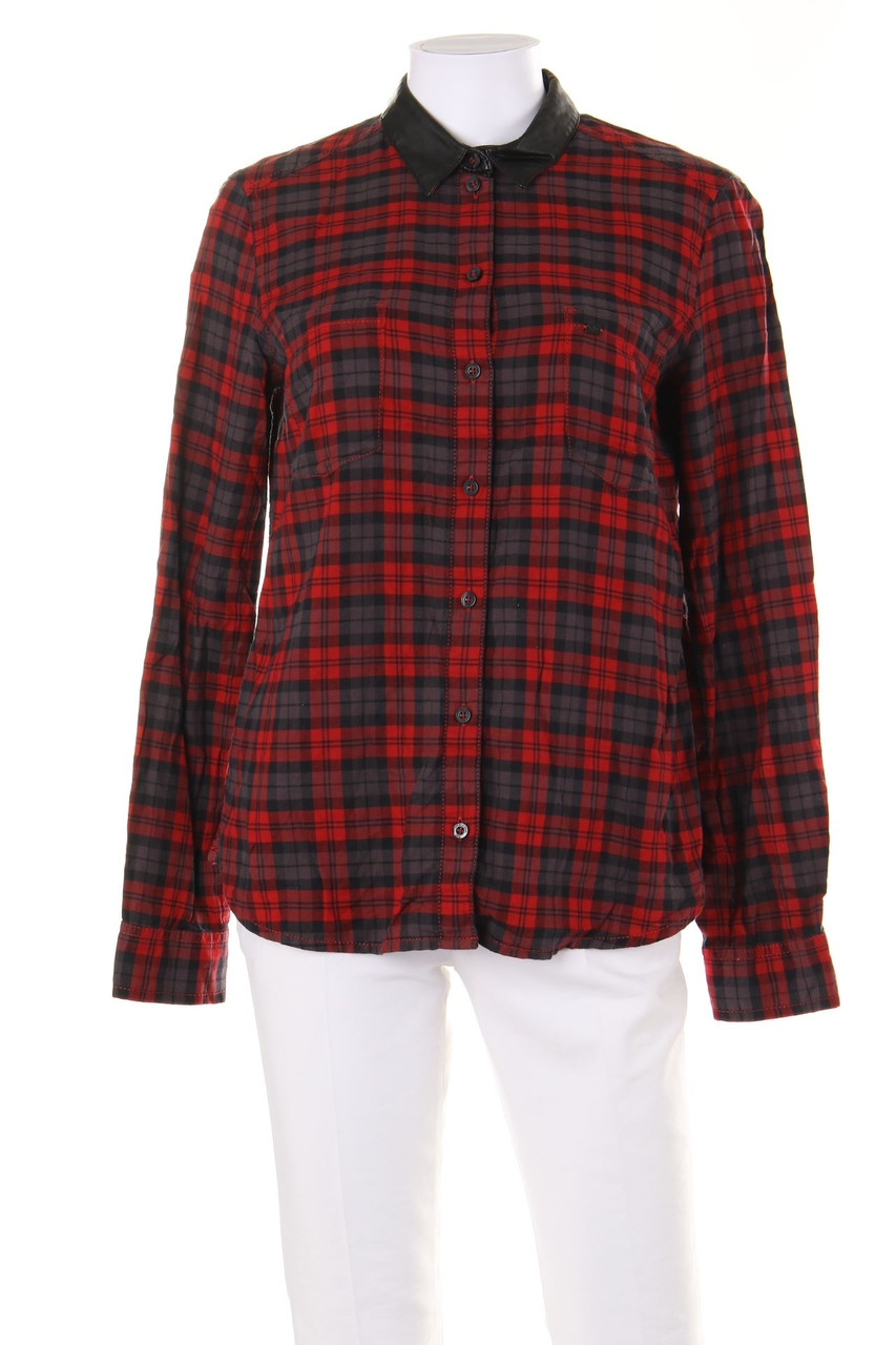 QS by s.Oliver - Checked Shirt Blouse with Faux Leather Details - D 38