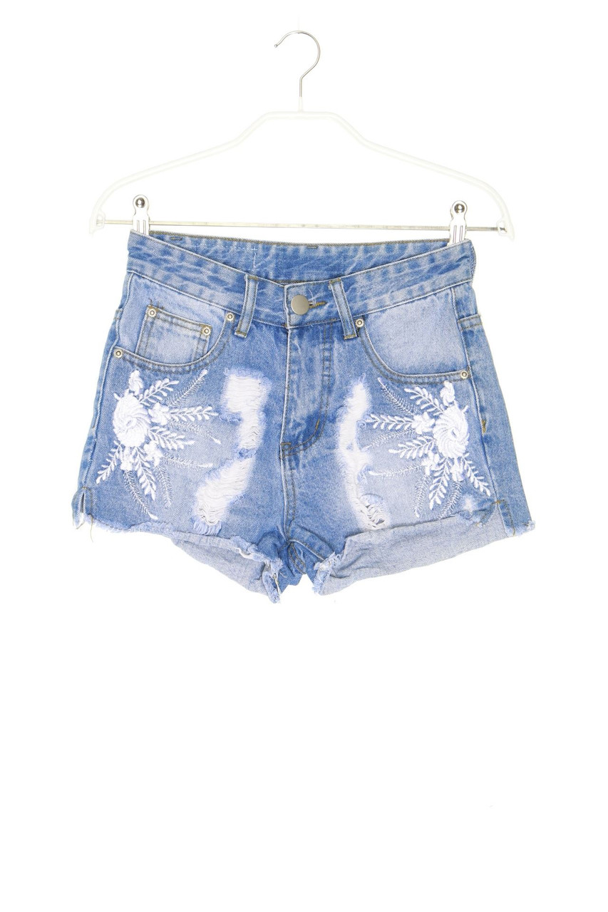Ohne Label - Hippie-Distressed Jeans-Shorts mit Stickereien - D 32