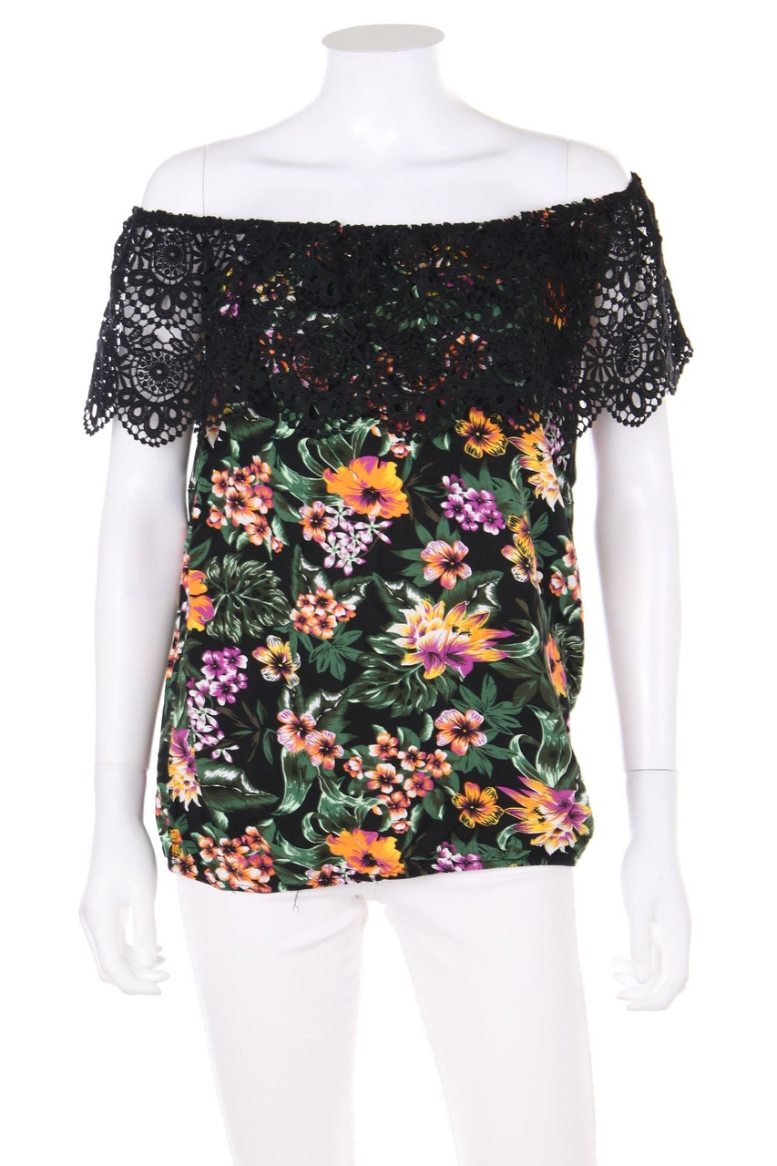 No Label - Off-the-shoulder blouse with floral print with Lace Insert - L
