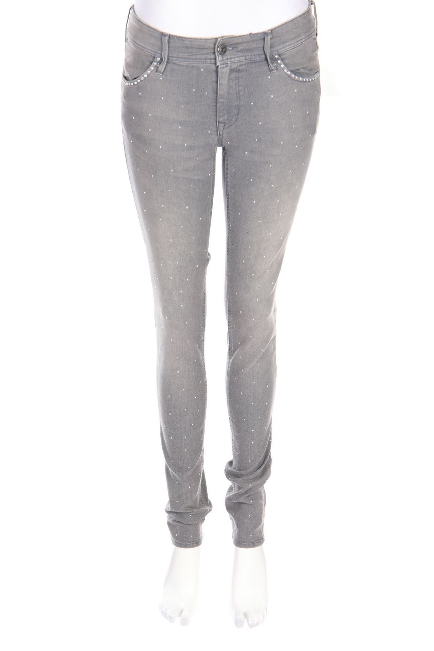 H&M &denim - Used Look Skinny-Jeans mit Schmuckstein-Applikation - W29