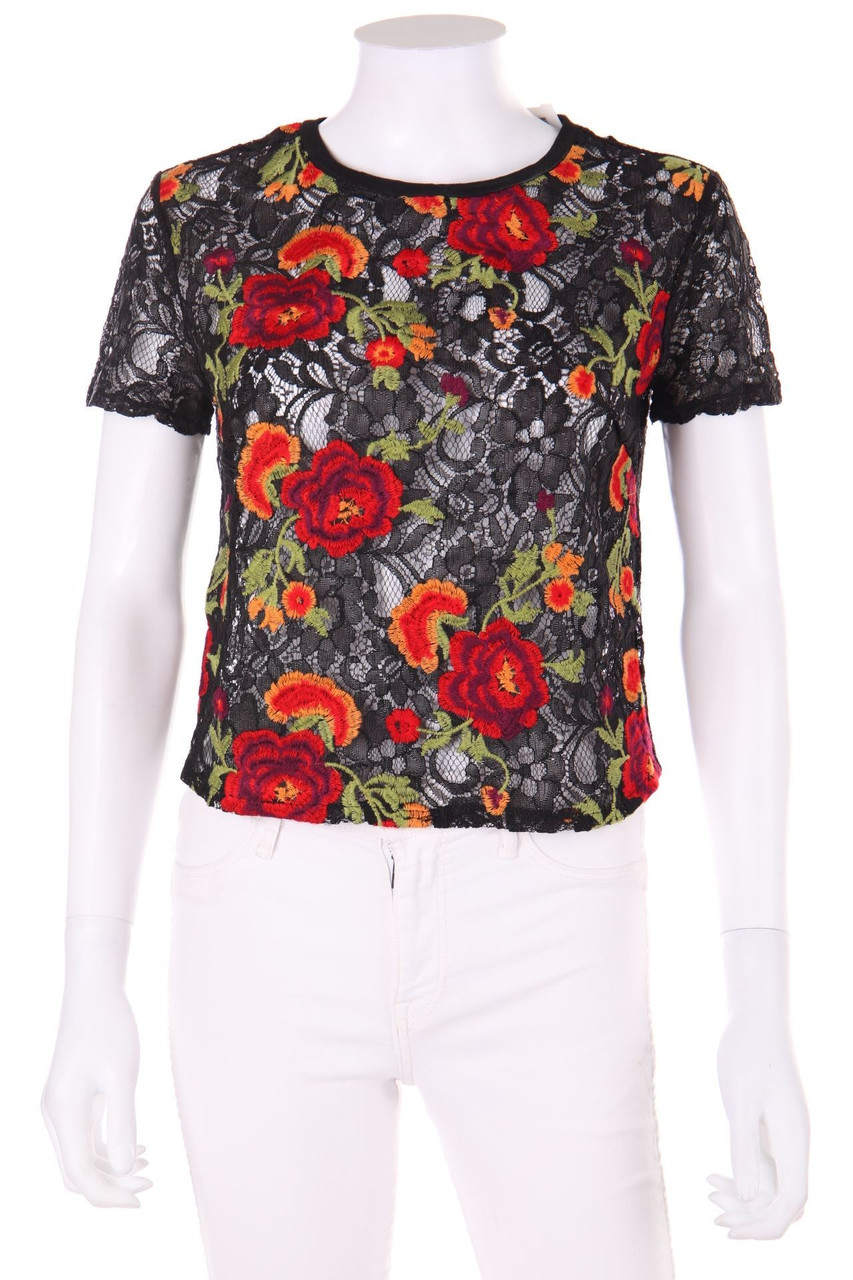 ZARA TRF - Kurzarm-Bluse aus Spitze mit Stickereien - S