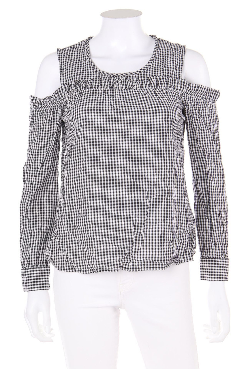 ONLY - Cold-Shoulder-Bluse mit Rüschen mit Karo-Muster - D 34