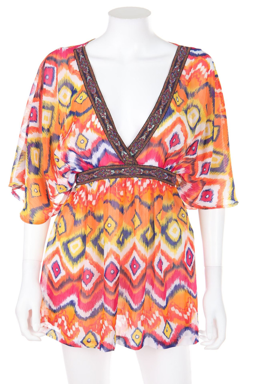 No Label - Tunic Blouse with Ethno Print with Sequins - L