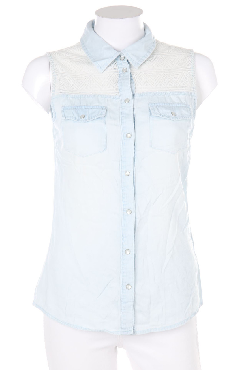 AMISU - Used Look-Jeans-Bluse mit Spitzen-Einsatz - XS