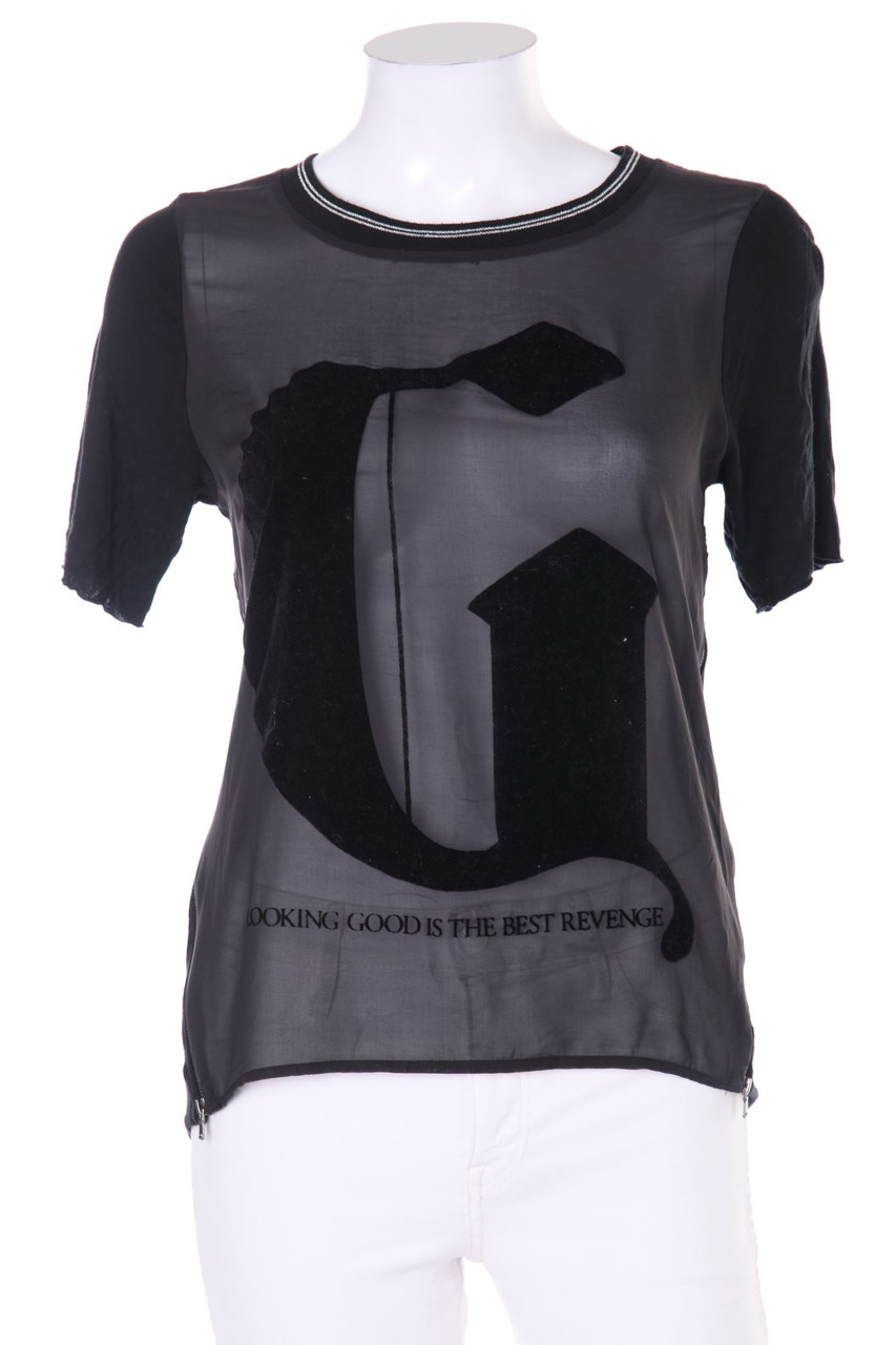 ZARA W&B - Kurzarm-Shirt mit Flock-Print - S