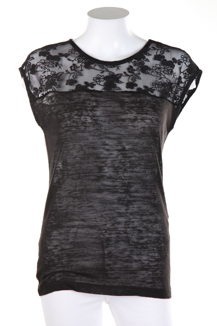 pieces - Kurzarm-Bluse mit Spitzen-Einsatz - S