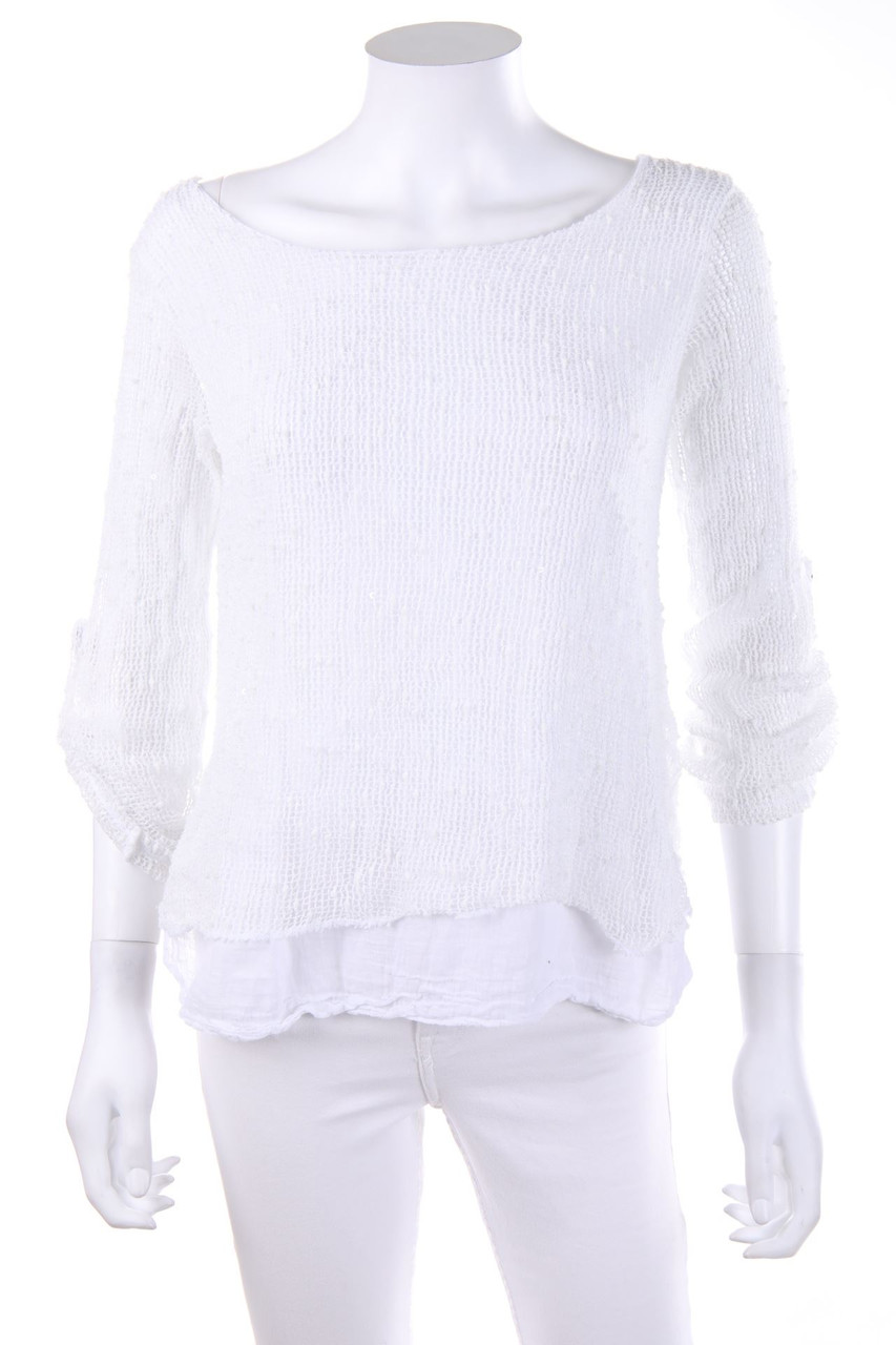 TODAY - Cropped-Sleeve Pullover, Open Knit with Cropped Sleeves - XS