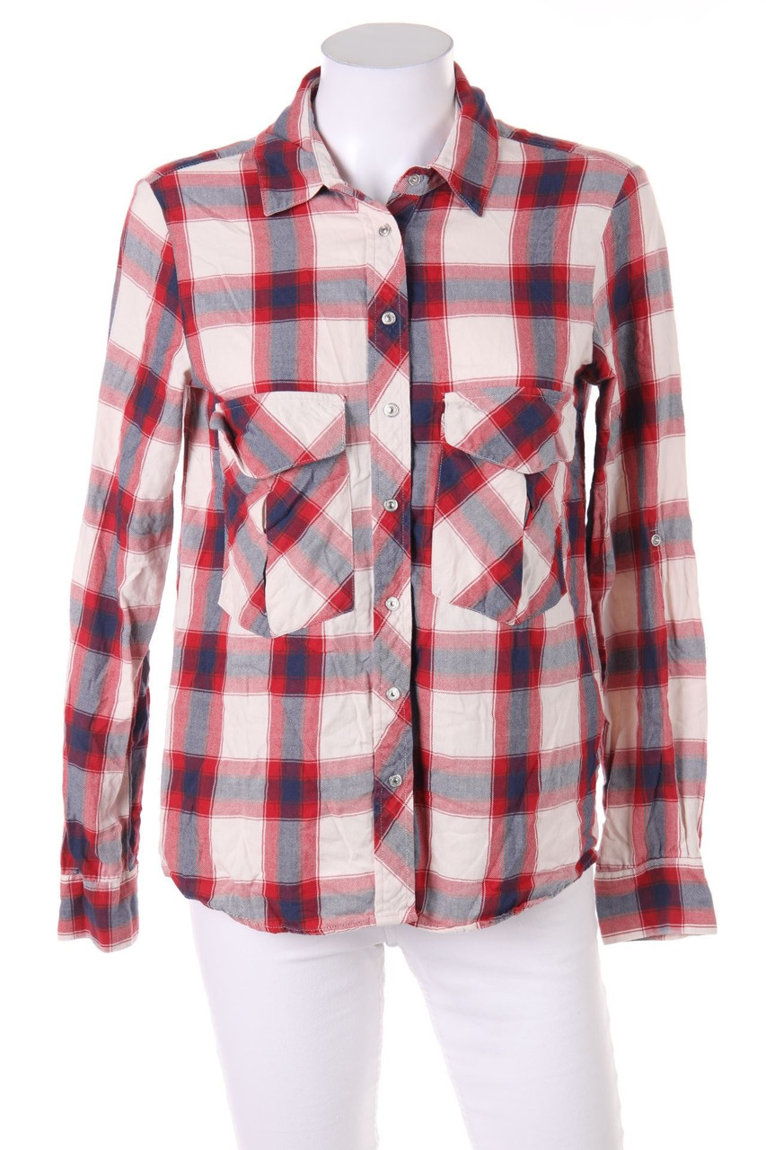 ZARA WOMAN PREMIUM DENIM COLLECTION - Tartan-Hemd-Bluse mit Roll-up-Manschette - S