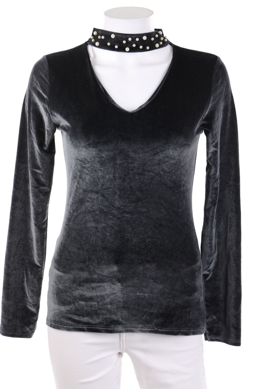 Ohne Label - Samt-Bluse mit Perlen - S
