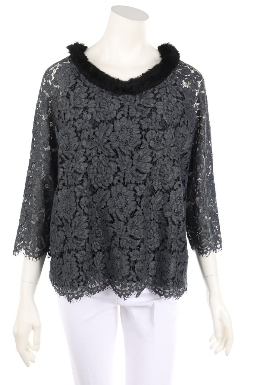 TWINSET SIMONA BARBIERI - Bluse mit 3/4-Ärmel aus Spitze mit Faux Fur-Kragen - L