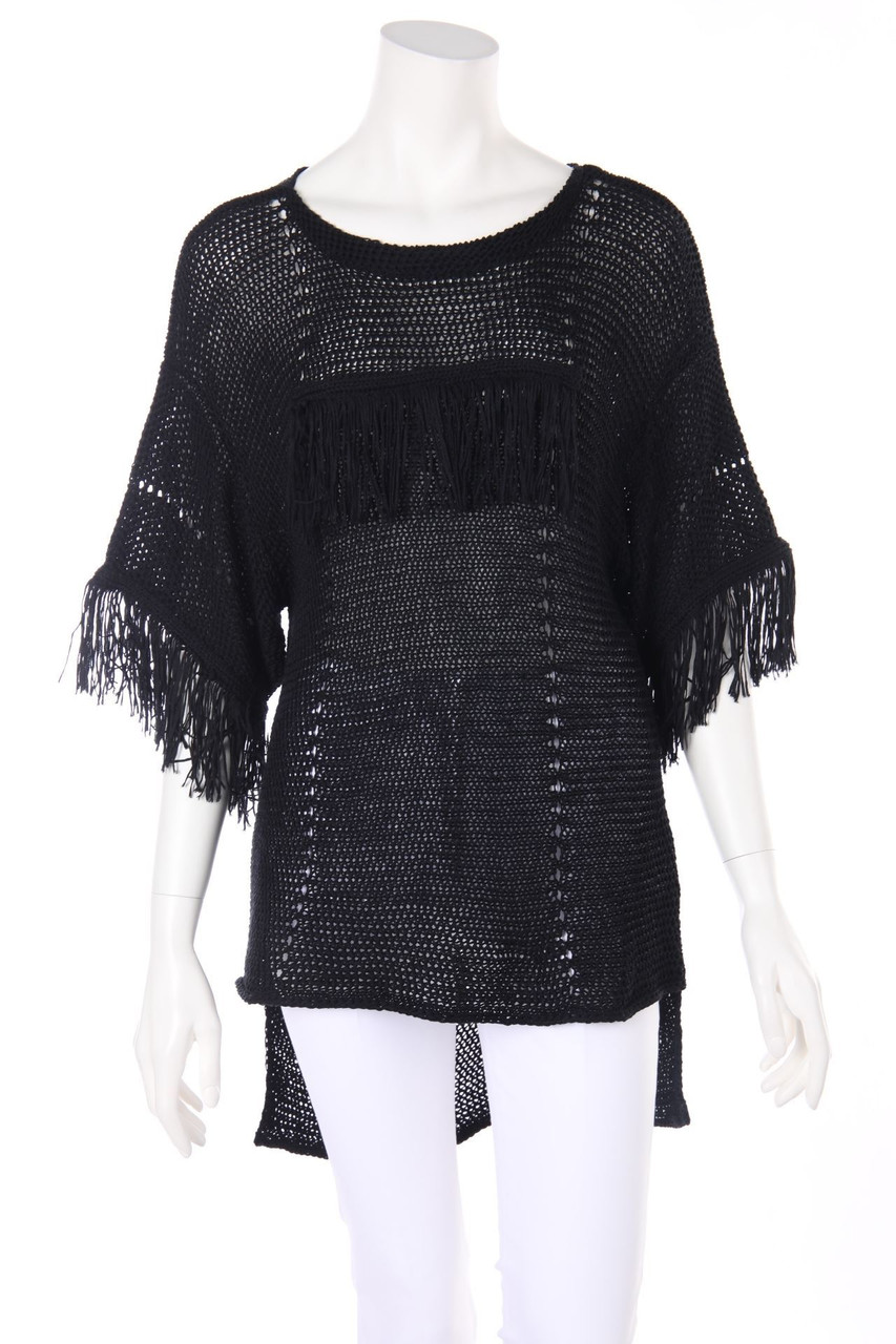 SANDRO FERRONE - Vokuhila-Strick-Pullover aus Leinen-Mix mit Fransen - S