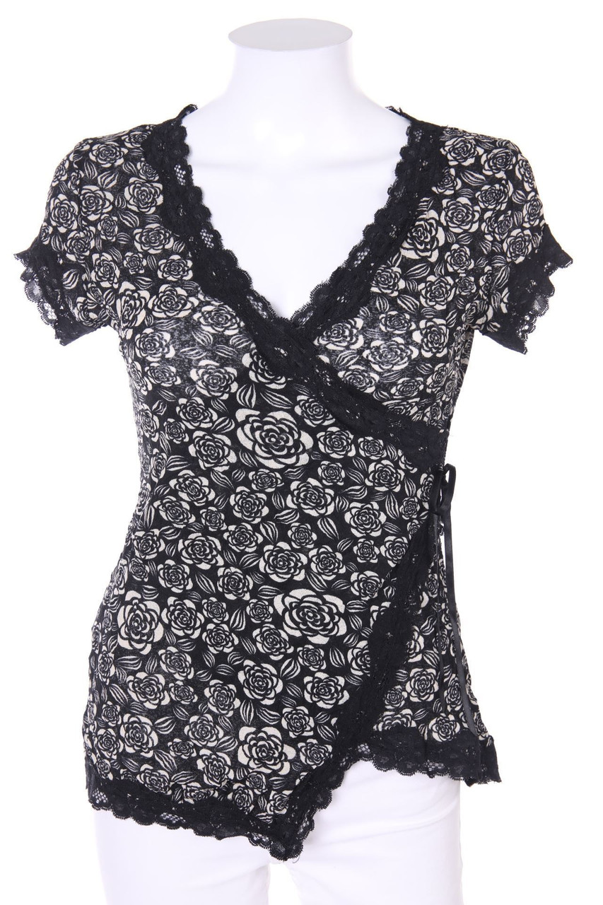 promod - Kurzarm-Bluse in Wickel-Optik mit Blumen-Print - D 36-38