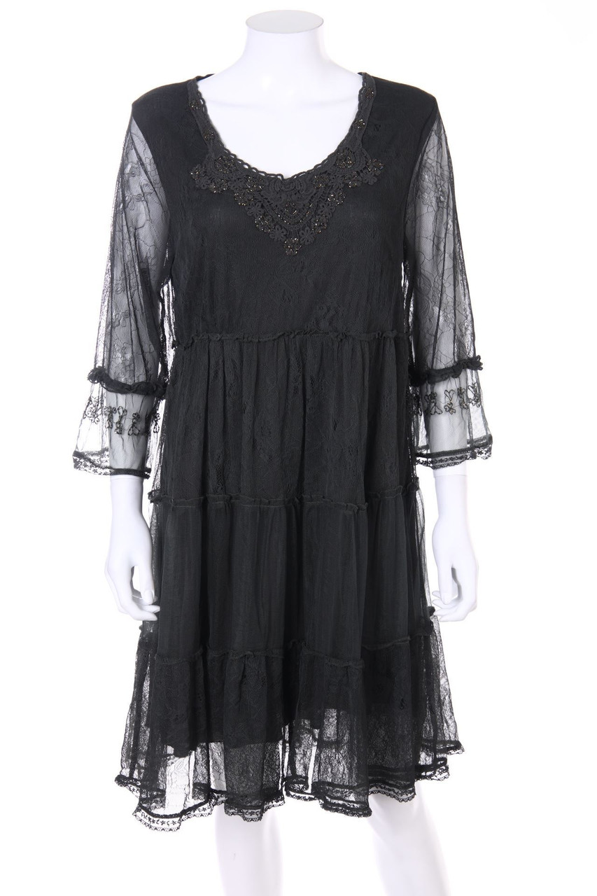 Cream - Boho-Kleid aus Spitze mit Perlen - L