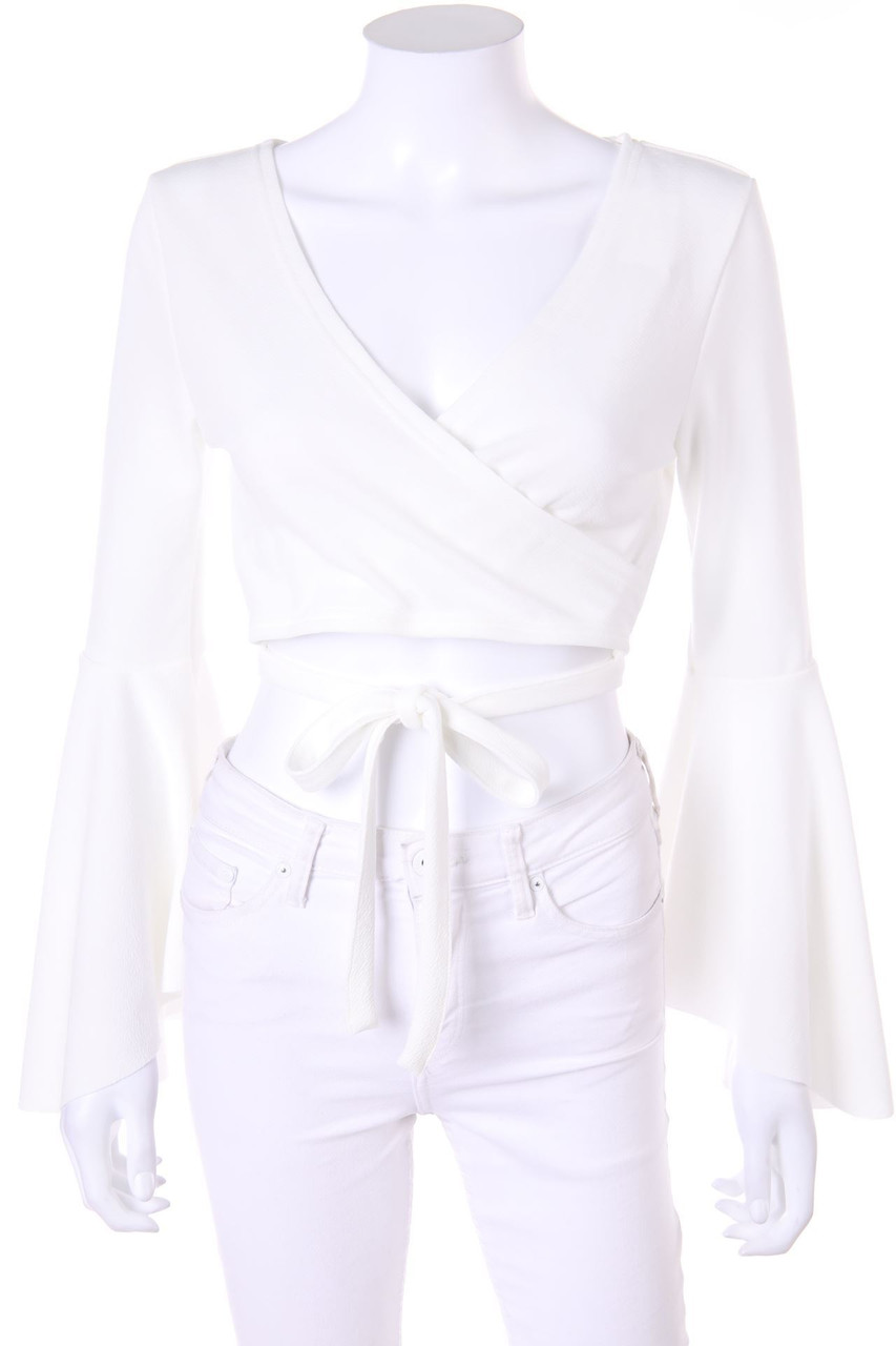 SHEIN - Cropped-Bluse aus Jersey in Wickel-Optik mit Trompetenärmeln - S