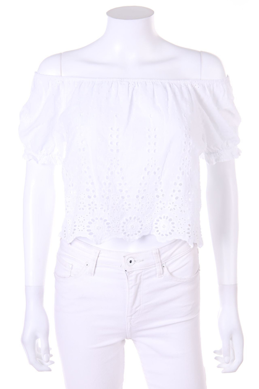 zebra - Off-the-shoulder blouse with Eyelet Lace, Boho Style - XS