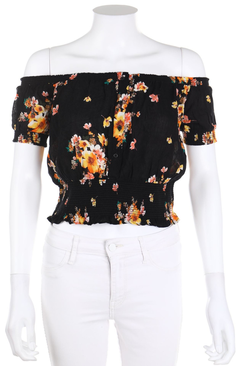 No Label - Cropped-Shortsleeve Blouse with Flower Print - D 36-38