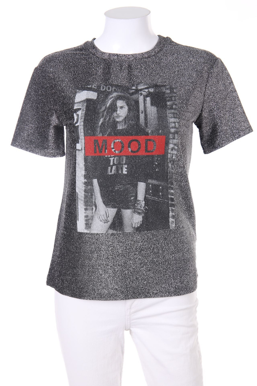 TALLY WEiJL - Glitter-Shortsleeve-Shirt with Statement Print - XXS