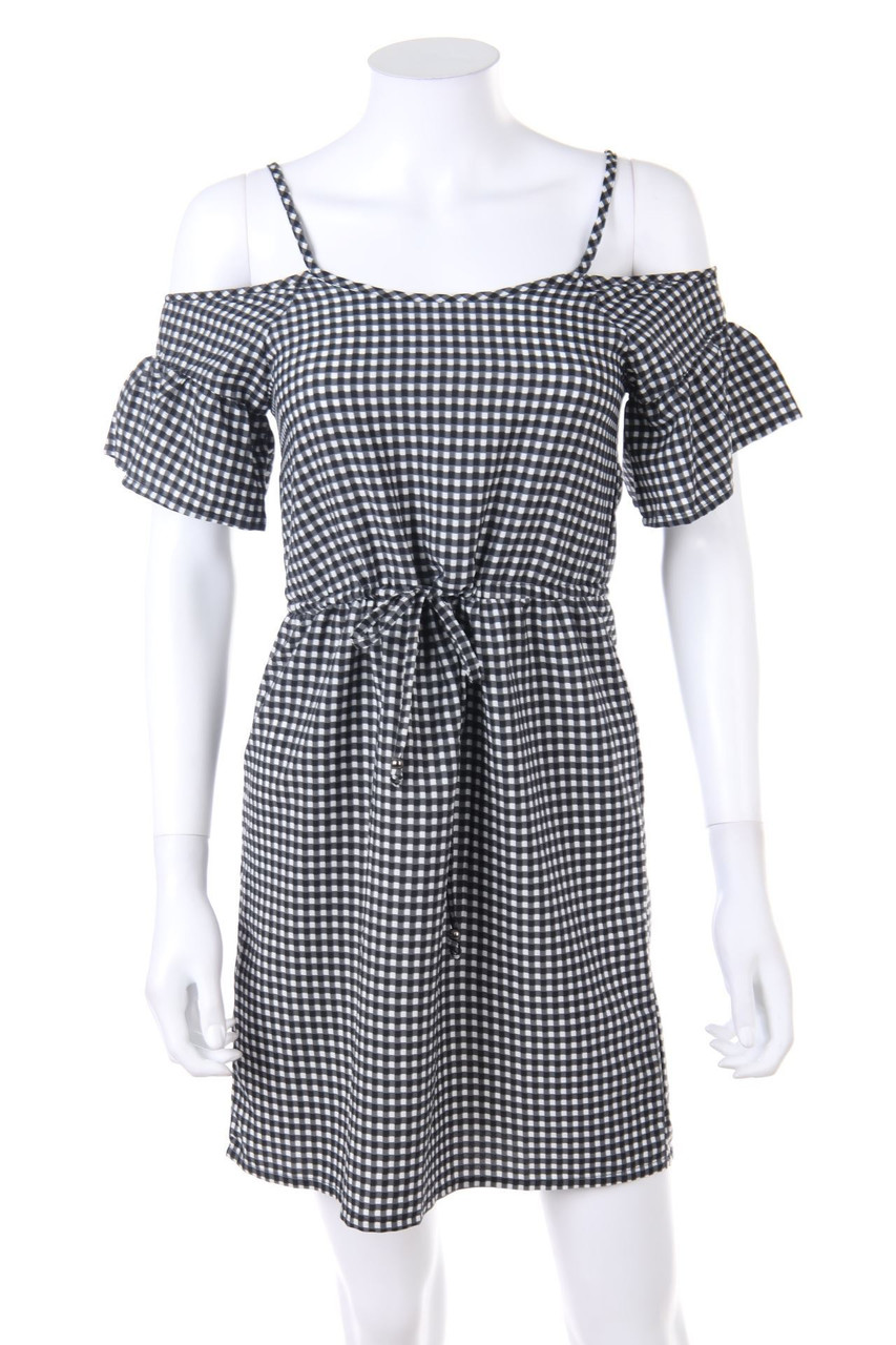 No Label - Cold-Shoulder-Mini Dress, Checked - D 36