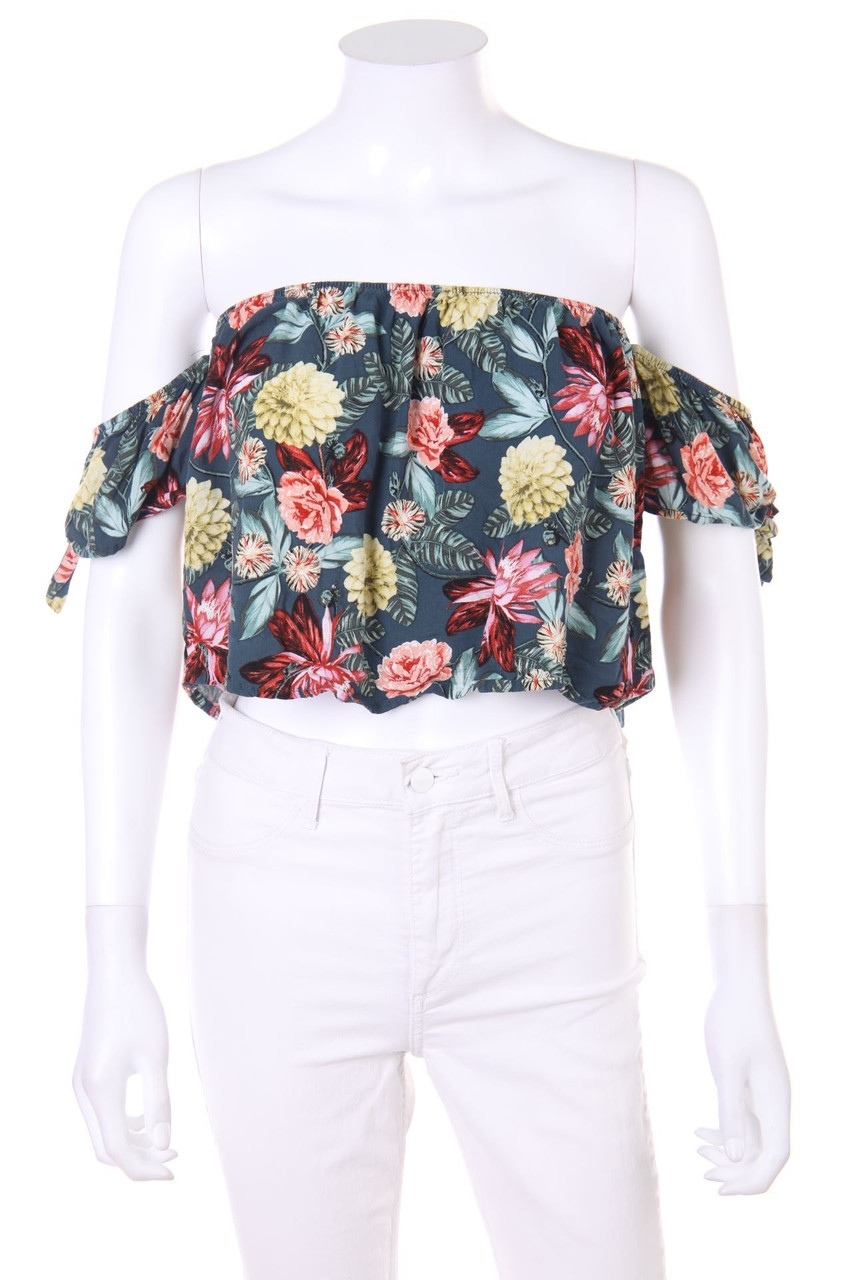 PULL&BEAR - Cropped-Carmen-Bluse mit Blumen-Print - L