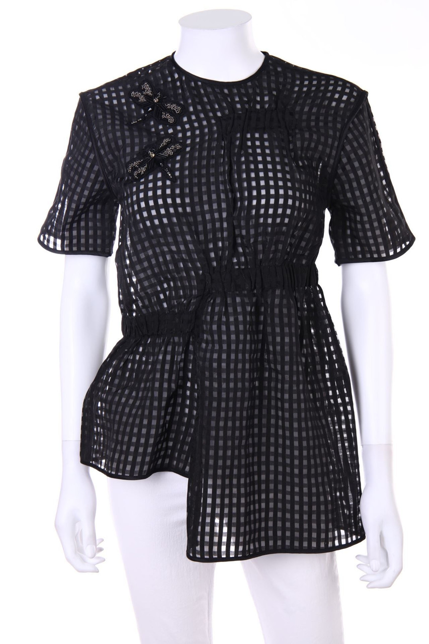 H&M - Karo-Kurzarm-Bluse mit Applikationen - D 36