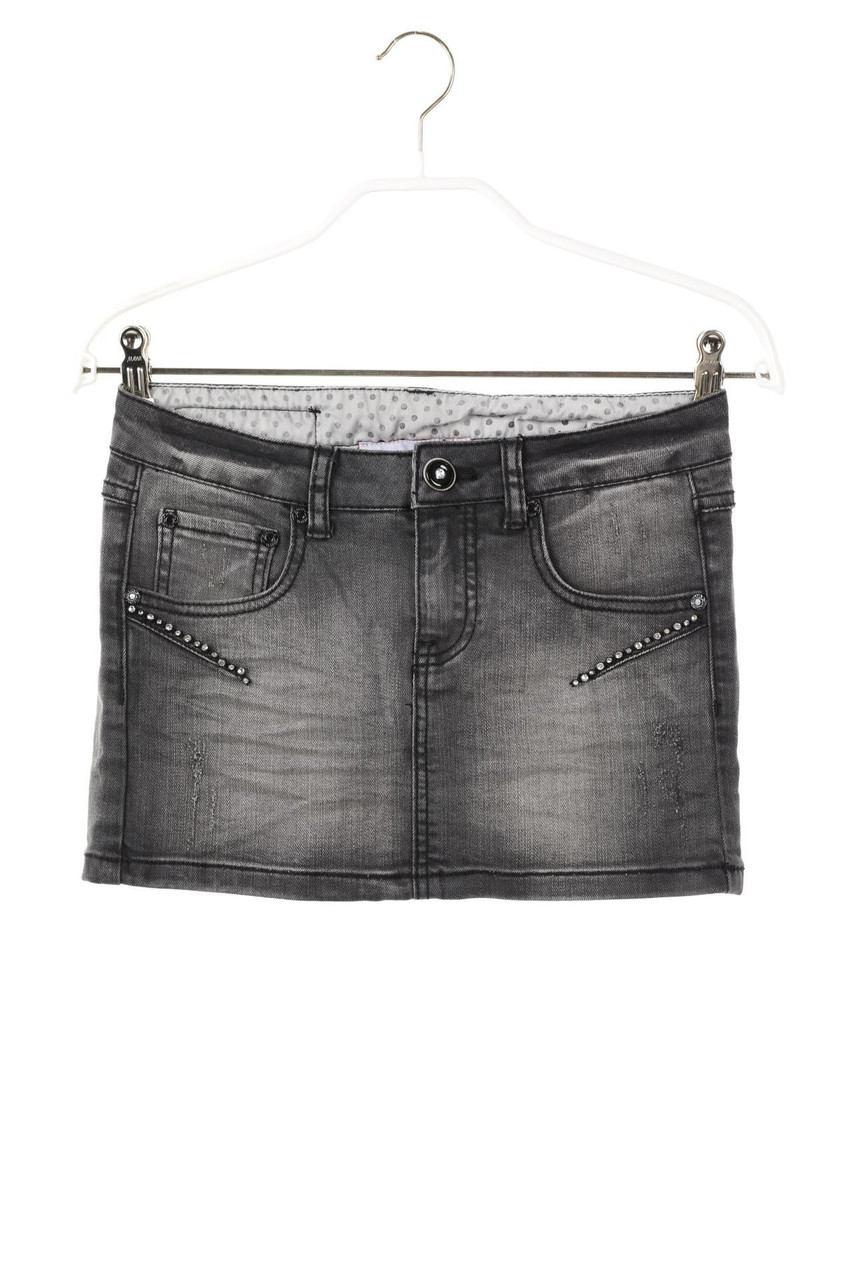 TALLY WEiJL - Distressed Mini Denim Skirt with Rhinestones - XXS