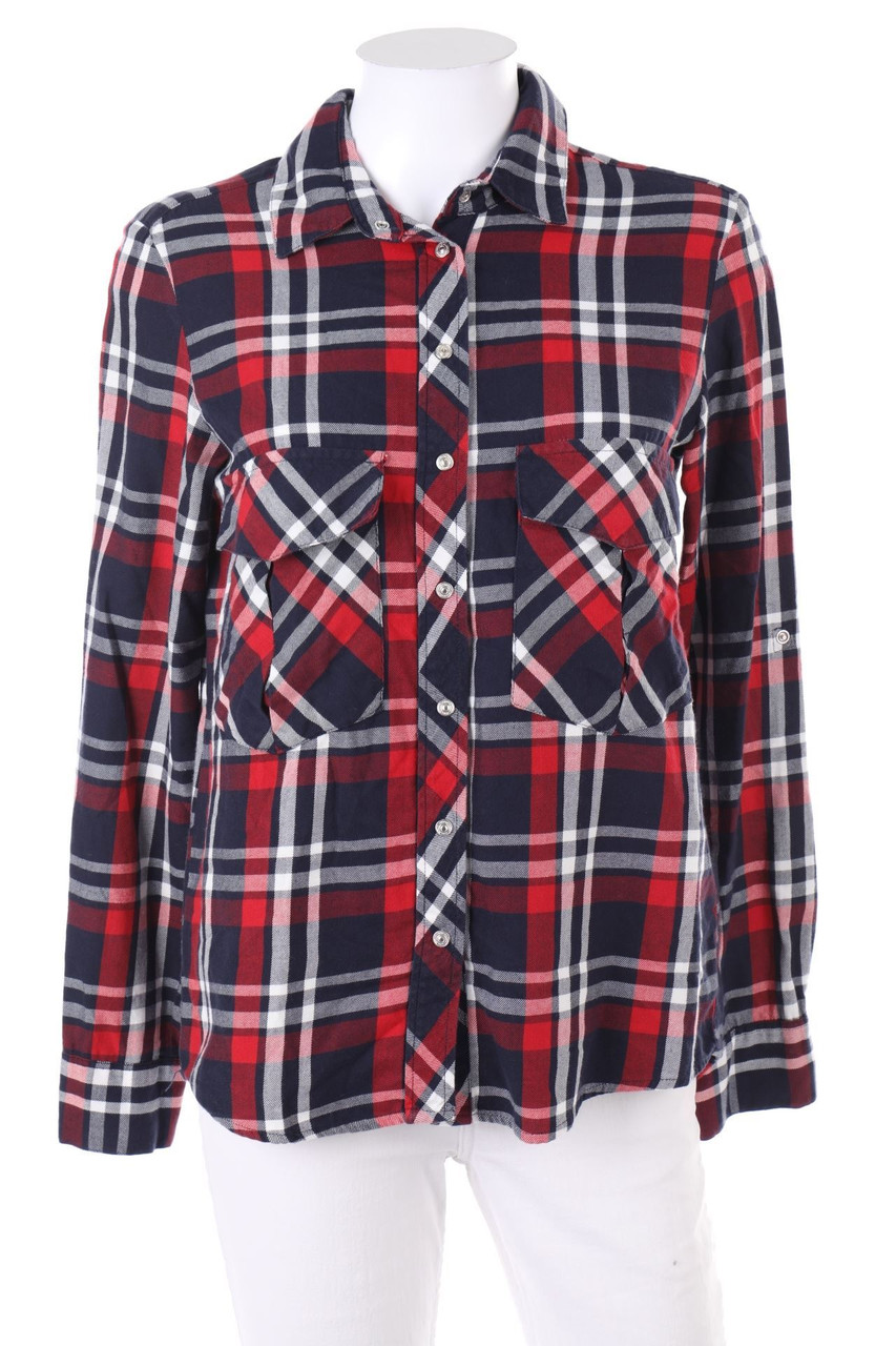 ZARA WOMAN PREMIUM DENIM COLLECTION - Karo-Hemd-Bluse mit aufgesetzten Taschen - S