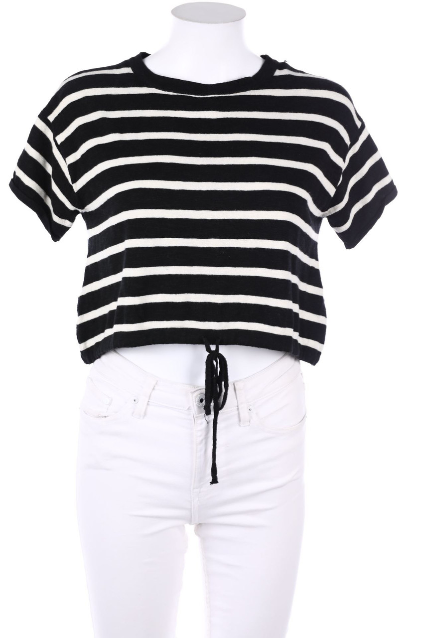 Bershka - Cropped-Stripe Shortsleeve Pullover with Drawstring - XS