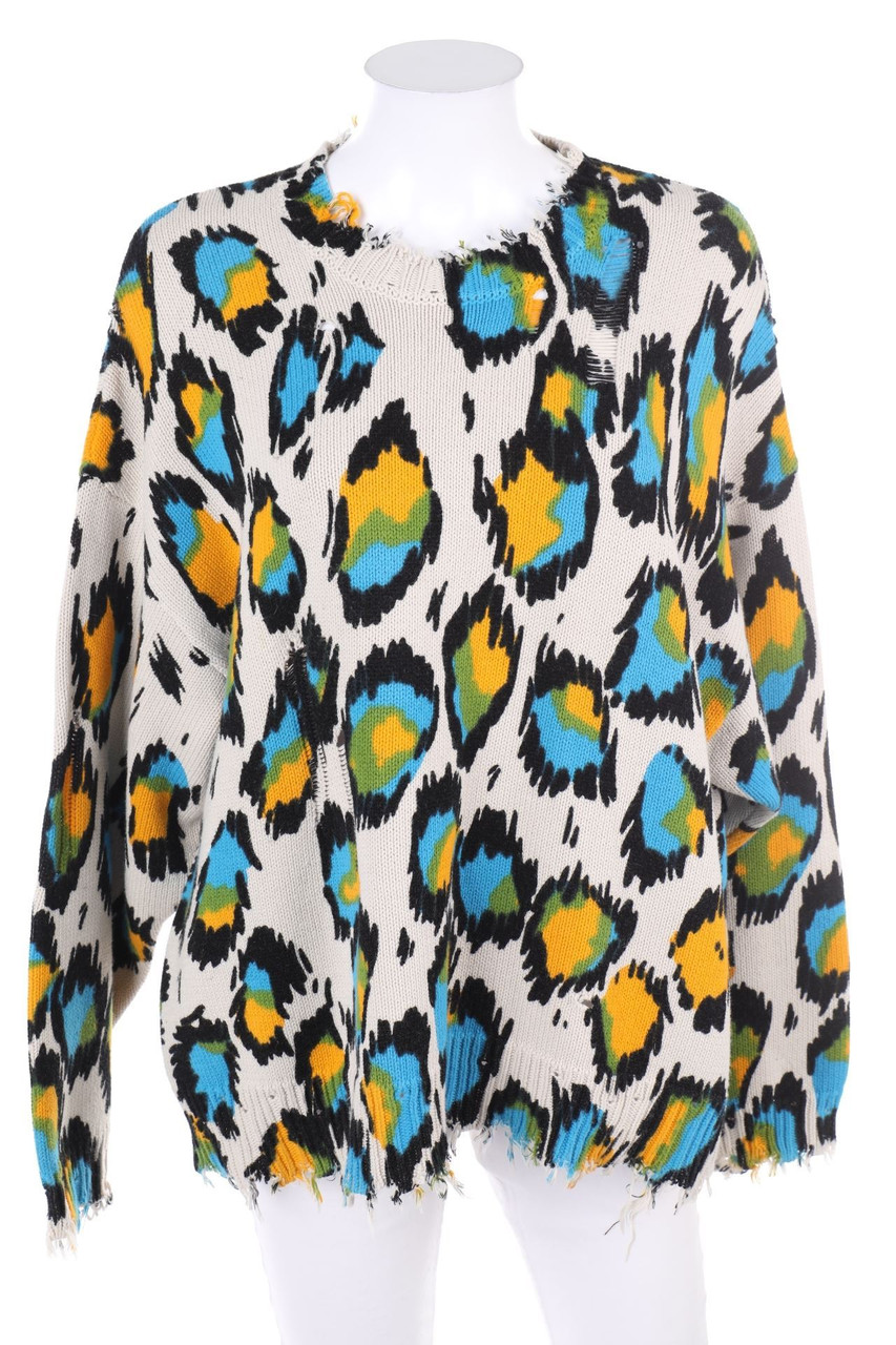 R13 - Cotton Crewneck Pullover, Destroyed Look with Animal Print - S