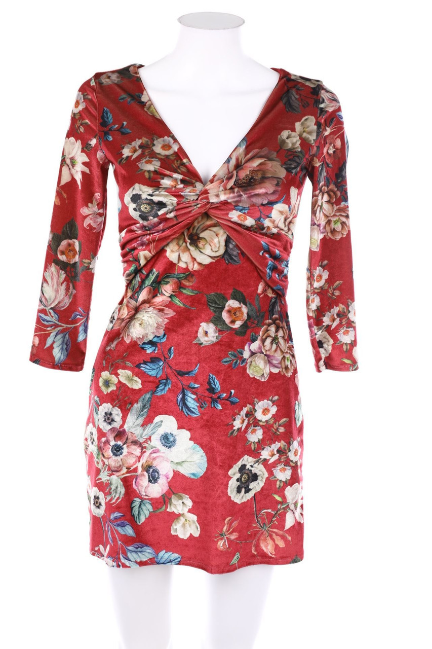 Bershka - Dress, Velvet with Flower Print - XS
