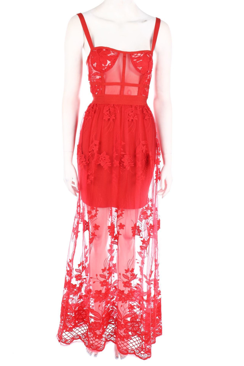 Ohne Label - Mesh-Maxi-Abendkleid mit Stickereien - S