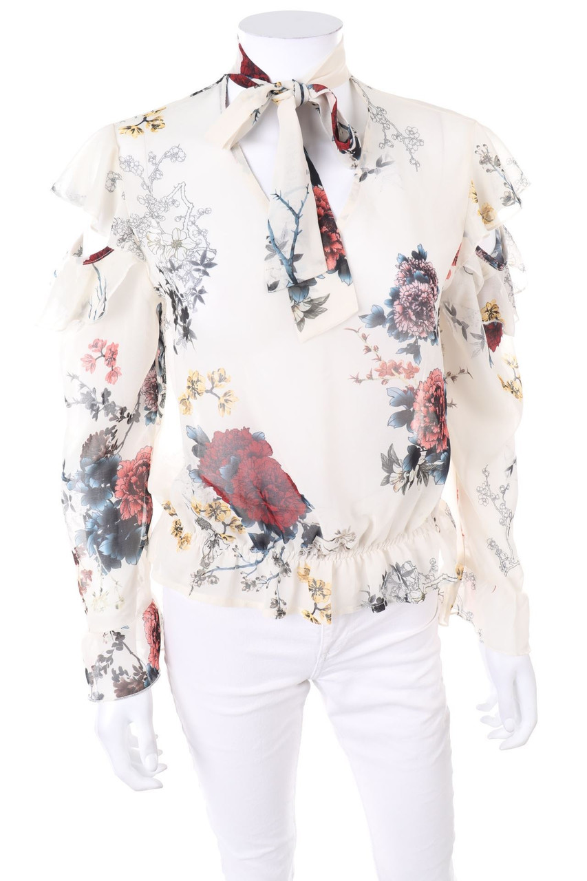 KARTIKA - Cold-Shoulder-Pussy Bow Blouse with Volants - D 38