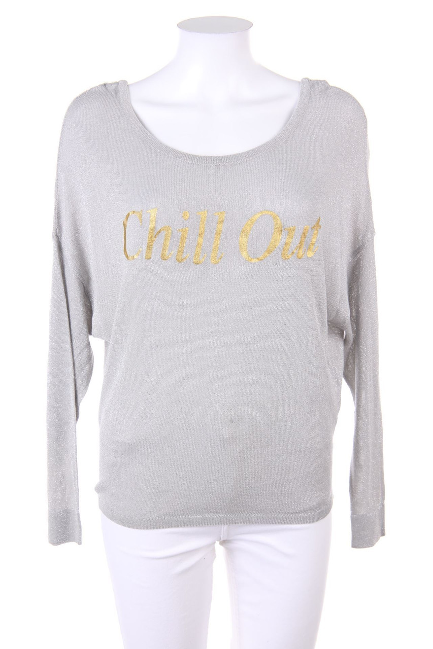 Ohne Label - Glitzer-Strick-Pullover mit Statement-Print - D 38