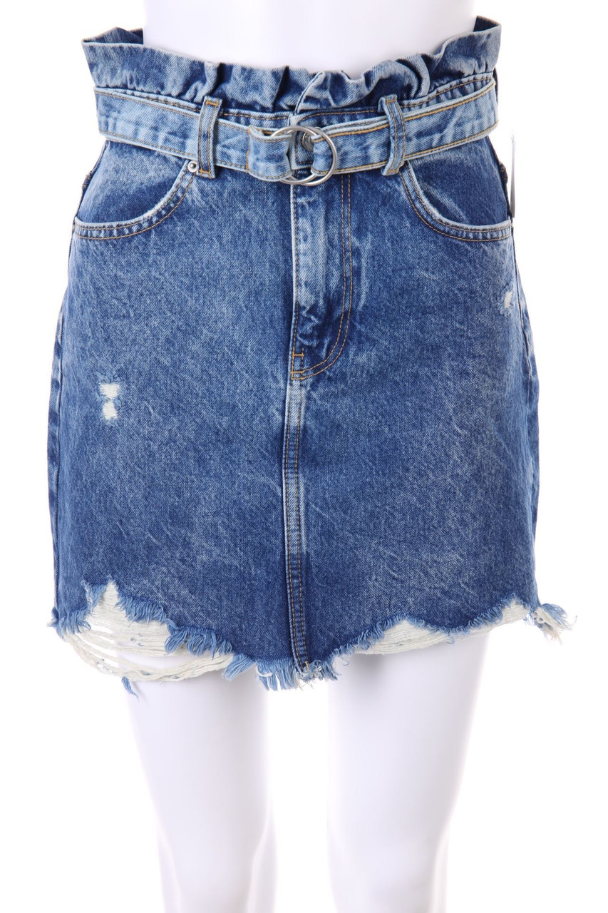 Bershka Denim - High Waist-Denim Mini Skirt, Destroyed Look - D 32