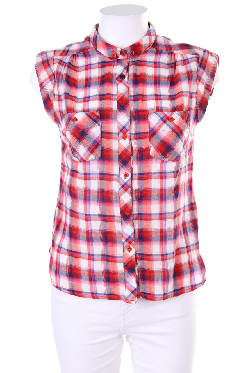 Bershka - Checked Sleeveless Shirt Blouse with Patch Pockets - M