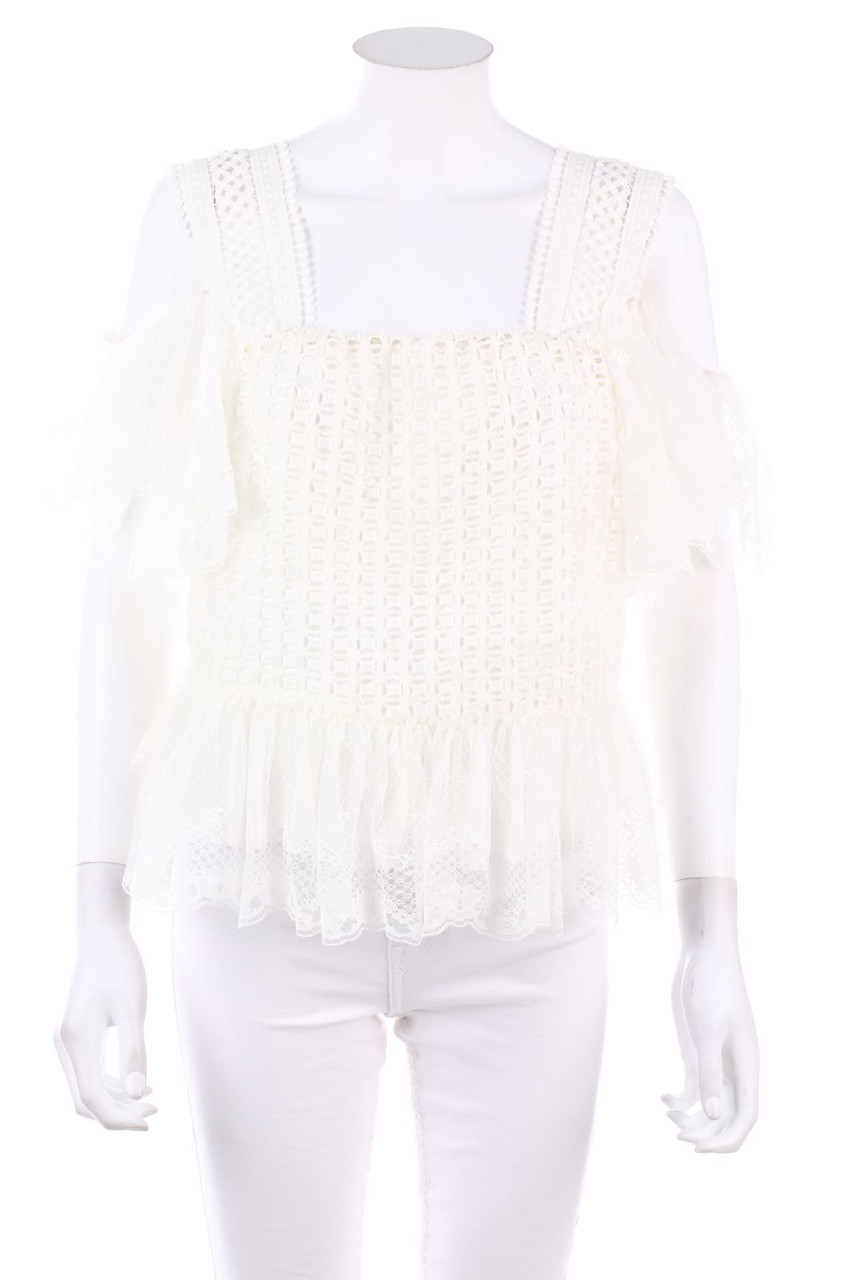 NAVY - Cold-Shoulder-Shortsleeve Blouse with Tulle - D 42