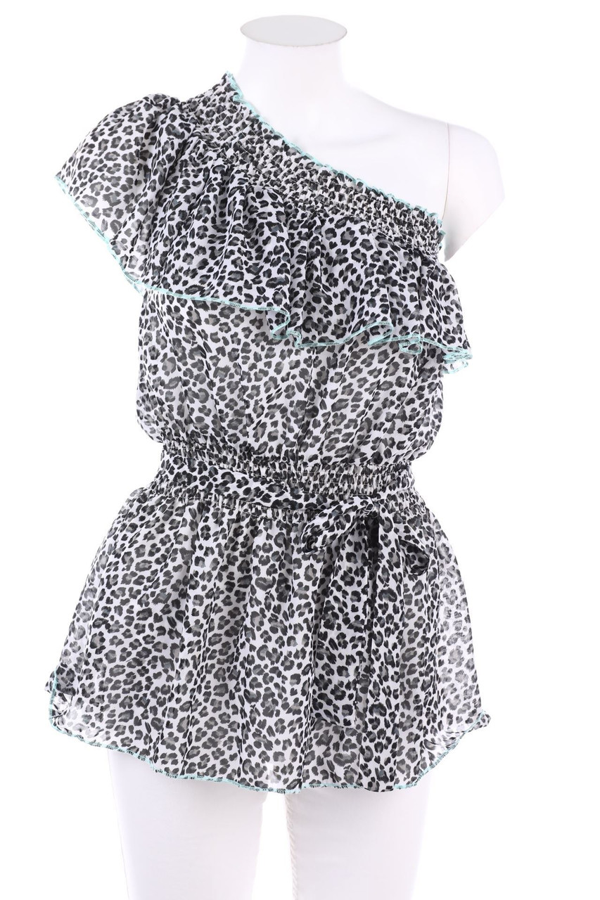 Danity - One shoulder-Ruffled Blouse with Leo Print - L