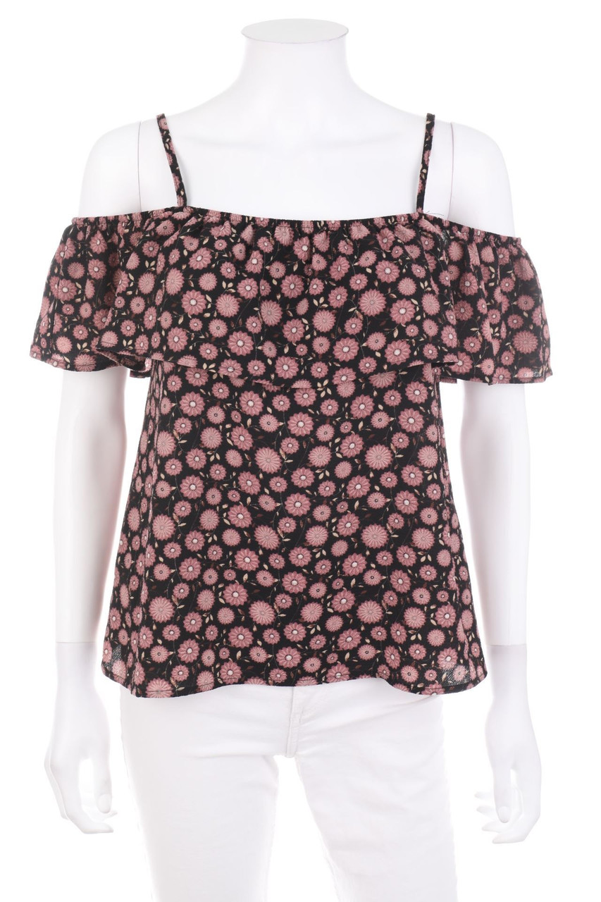 Apricot - Cold-Shoulder-Shortsleeve Blouse with Flower Print - S