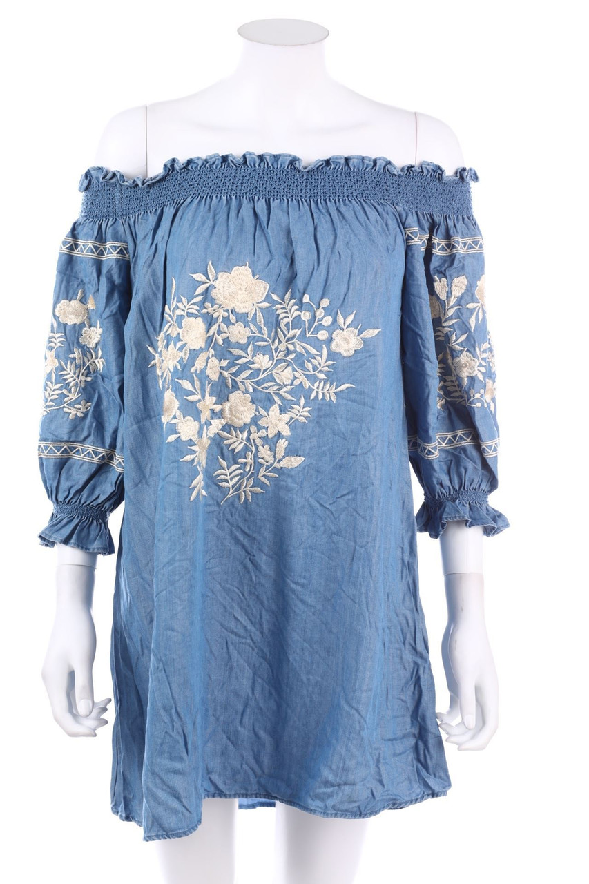ZARA WOMAN - Boho-dress with Embroideries, Denim Look - M