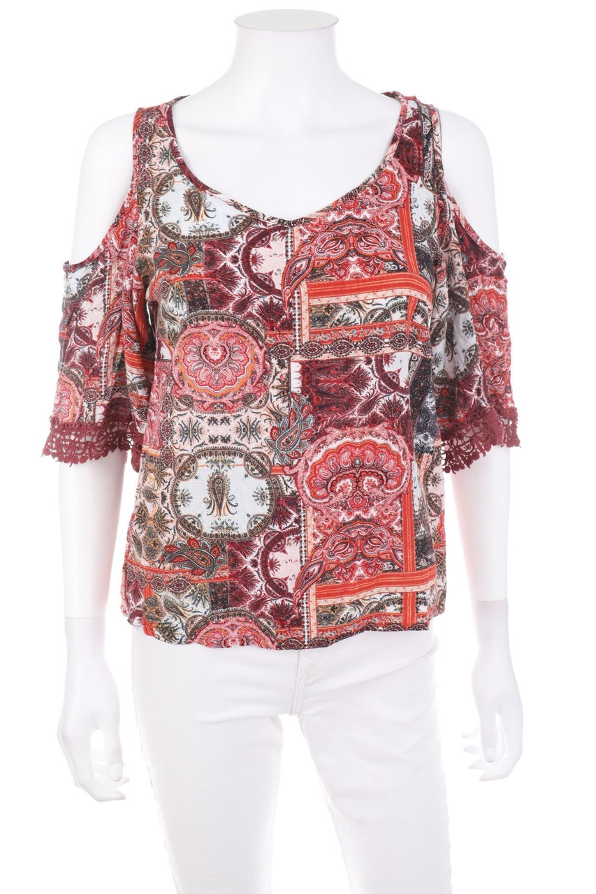 No Label - Cold-Shoulder-Blouse with Print - L
