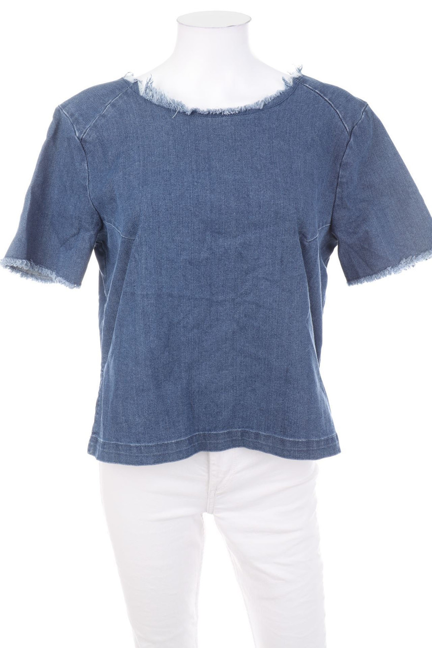 pieces - distressed Denim-Kurzarm-Shirt mit tiefem Rückenausschnitt - M