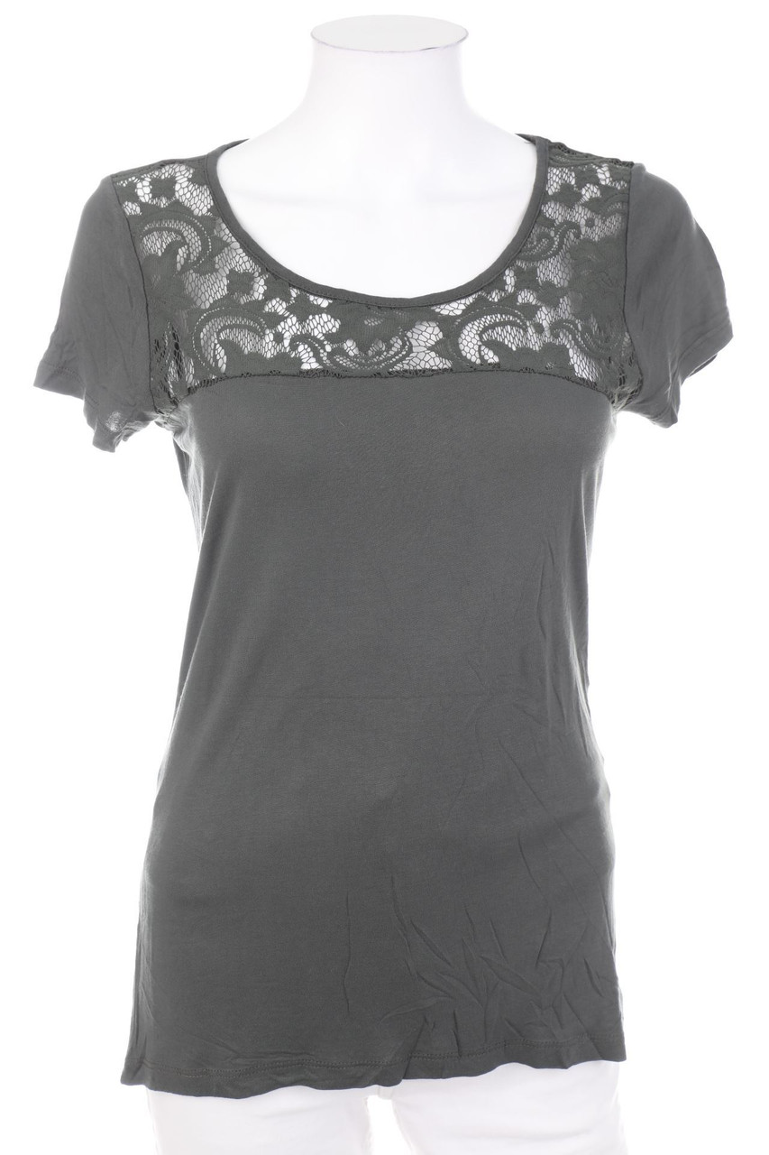 VILA - Kurzarm-Shirt mit Spitzen-Einsatz - S