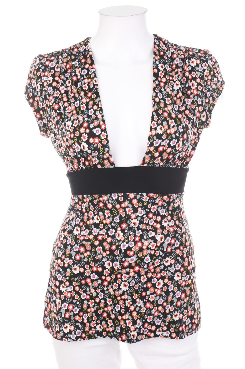 SUZY SHIER - Print-Shortsleeve Blouse, Jersey with Deep Plunge Neckline - S